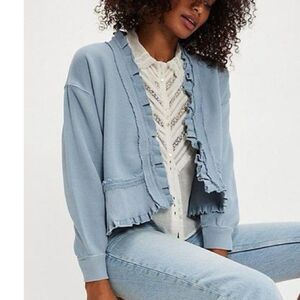 NWT! Free People Large Spring Fling Ruffle Sweatshirt Cardigan Flower Brooch